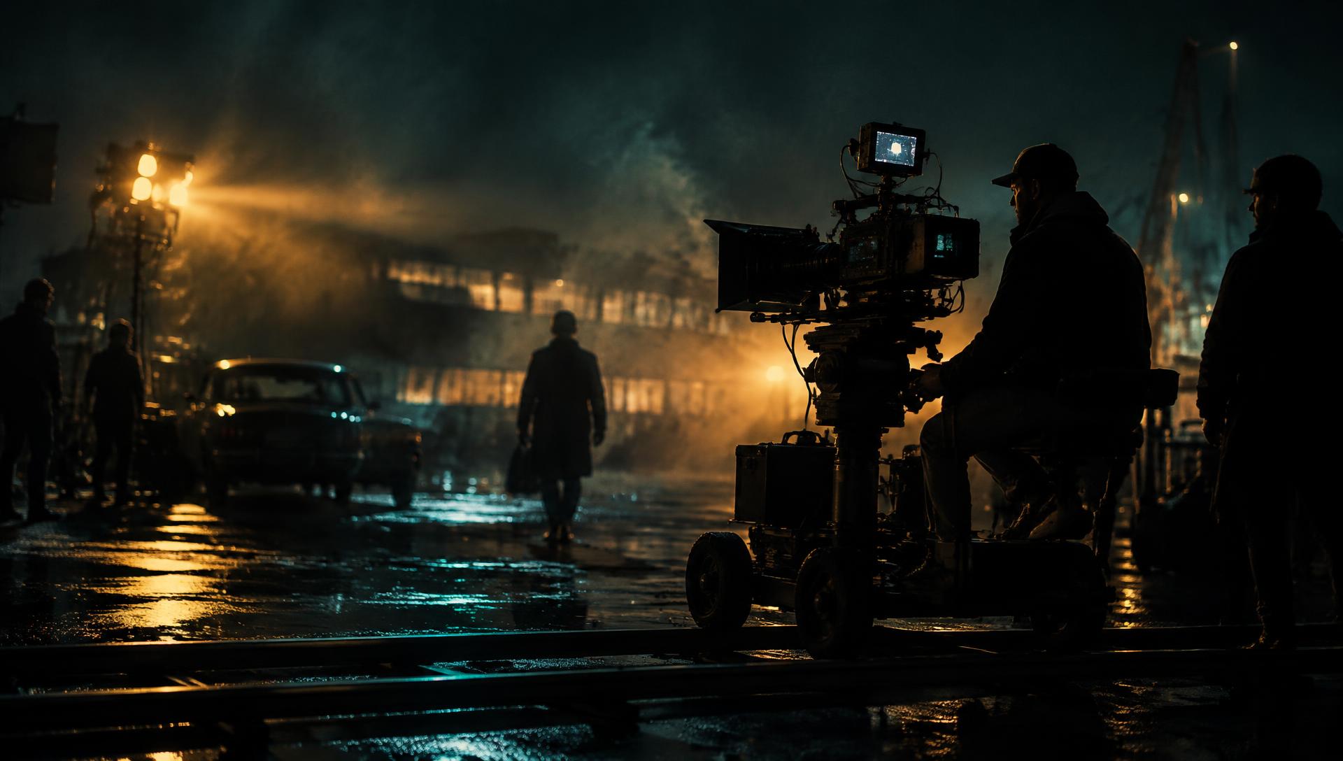 Cinema camera on a dolly during a night shoot