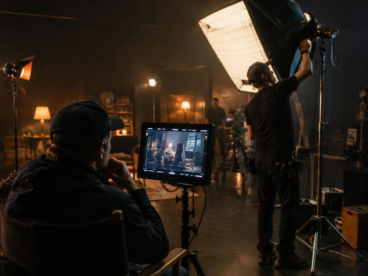 Our crew lighting a set in the studio